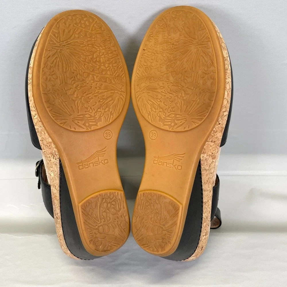 Dansko Charlotte Wedge Sandals Womens Size 39 US 8.5 Black Leather Buckle Shoes